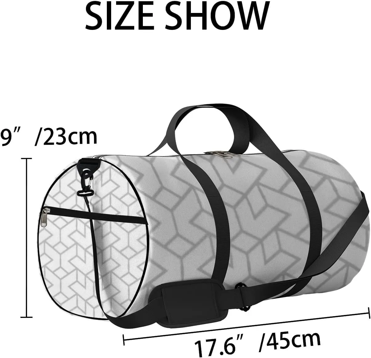 Sports Gym Bag for Women and Men Waterproof Geometric Pattern White Gray Duffel Bag Lightweight Carryon Traveling Boarding Gripsack