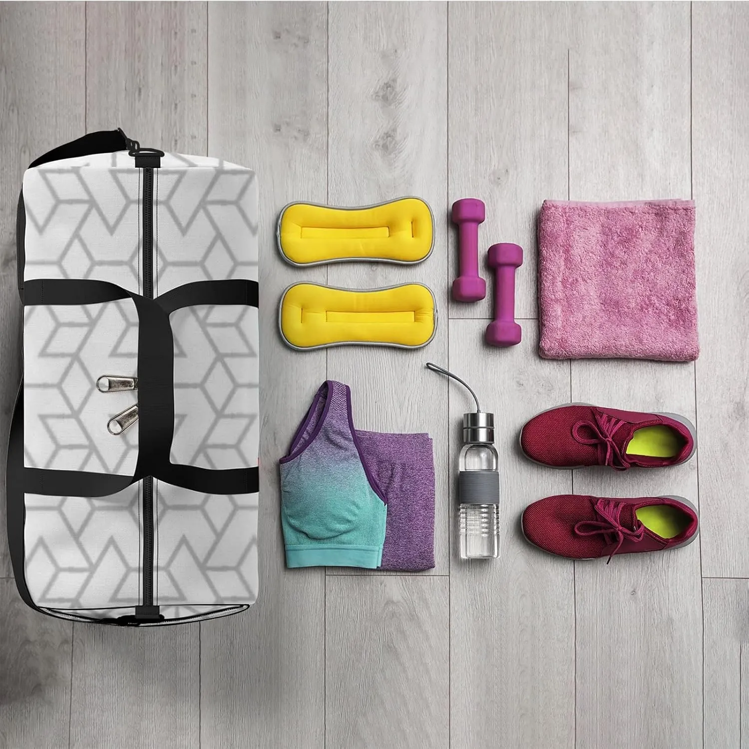 Sports Gym Bag for Women and Men Waterproof Geometric Pattern White Gray Duffel Bag Lightweight Carryon Traveling Boarding Gripsack