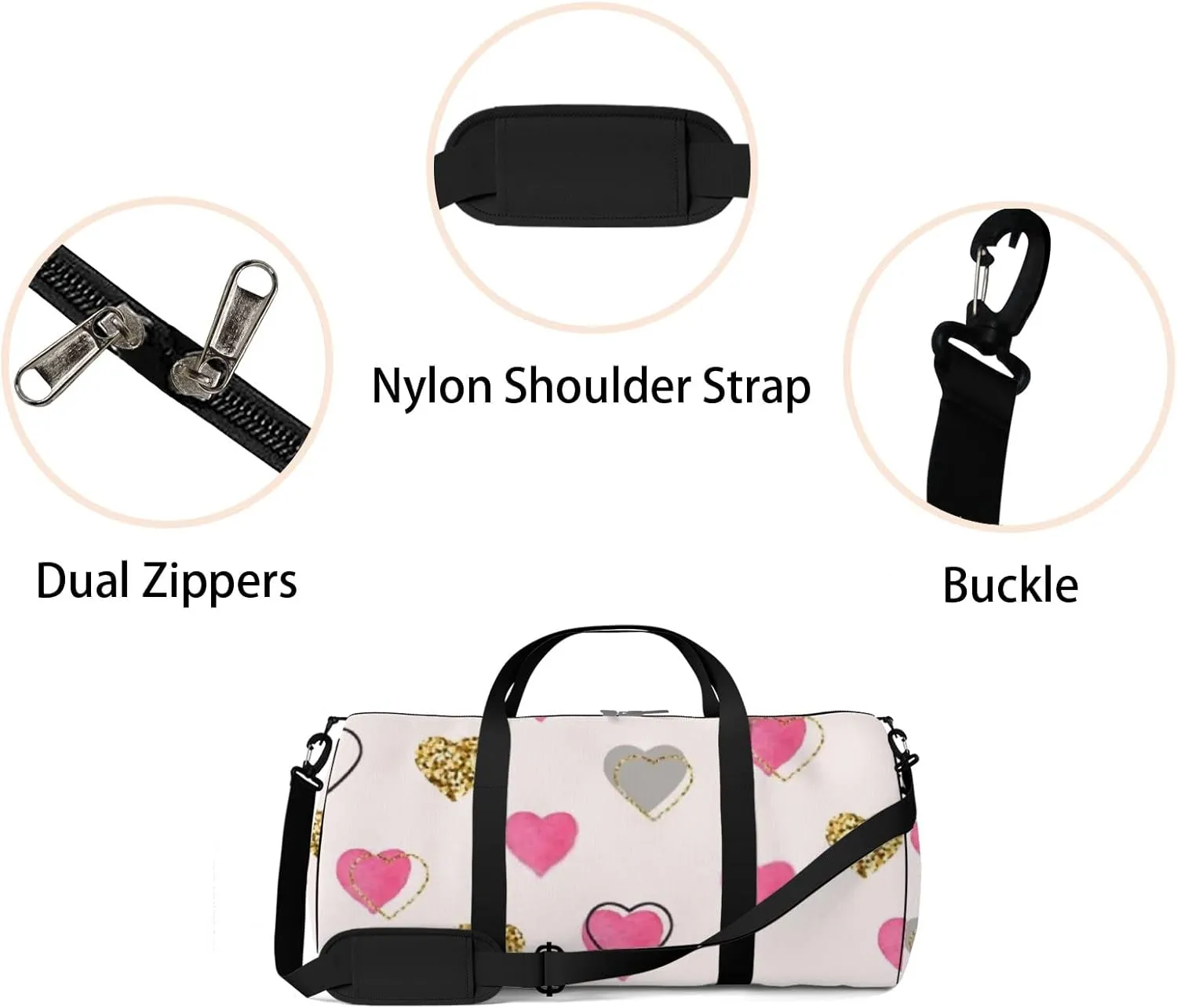 Sports Gym Bag for Women and Men Waterproof Gold Watercolor Pink Hearts Doodle Style Duffel Bag Lightweight Carryon Traveling Boarding Gripsack