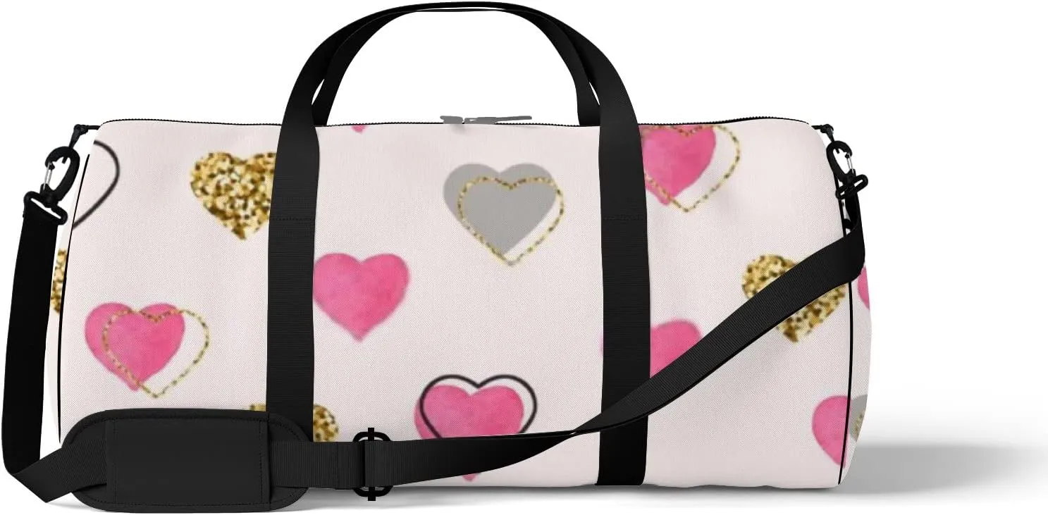 Sports Gym Bag for Women and Men Waterproof Gold Watercolor Pink Hearts Doodle Style Duffel Bag Lightweight Carryon Traveling Boarding Gripsack