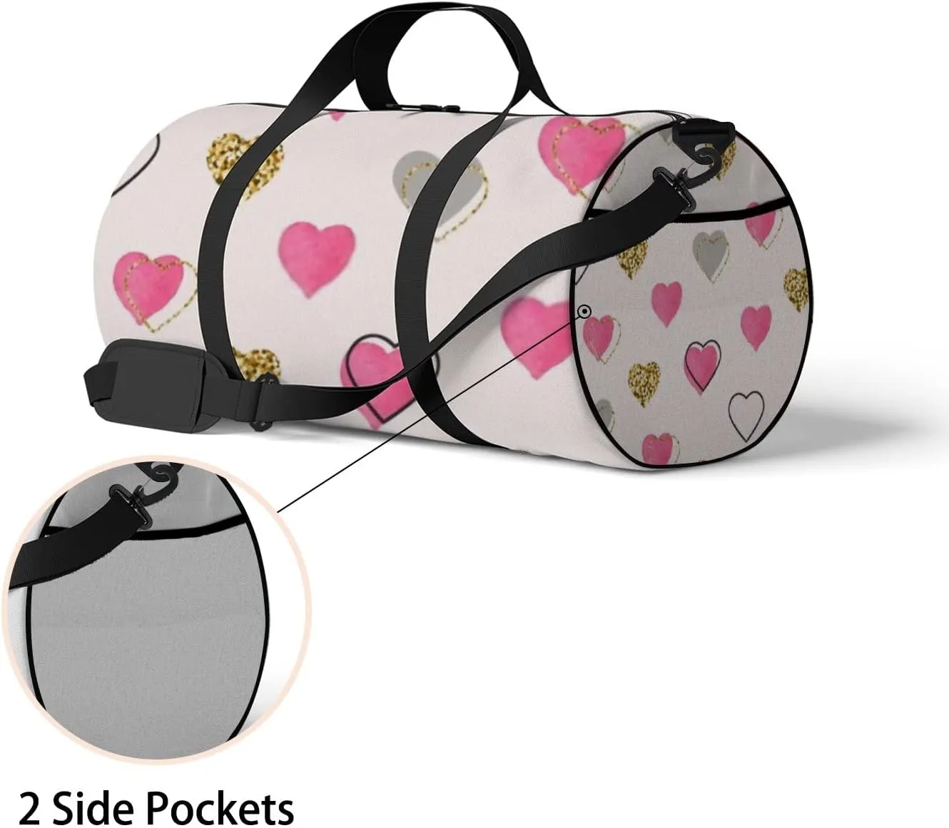 Sports Gym Bag for Women and Men Waterproof Gold Watercolor Pink Hearts Doodle Style Duffel Bag Lightweight Carryon Traveling Boarding Gripsack
