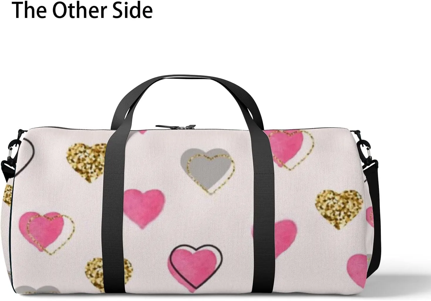 Sports Gym Bag for Women and Men Waterproof Gold Watercolor Pink Hearts Doodle Style Duffel Bag Lightweight Carryon Traveling Boarding Gripsack