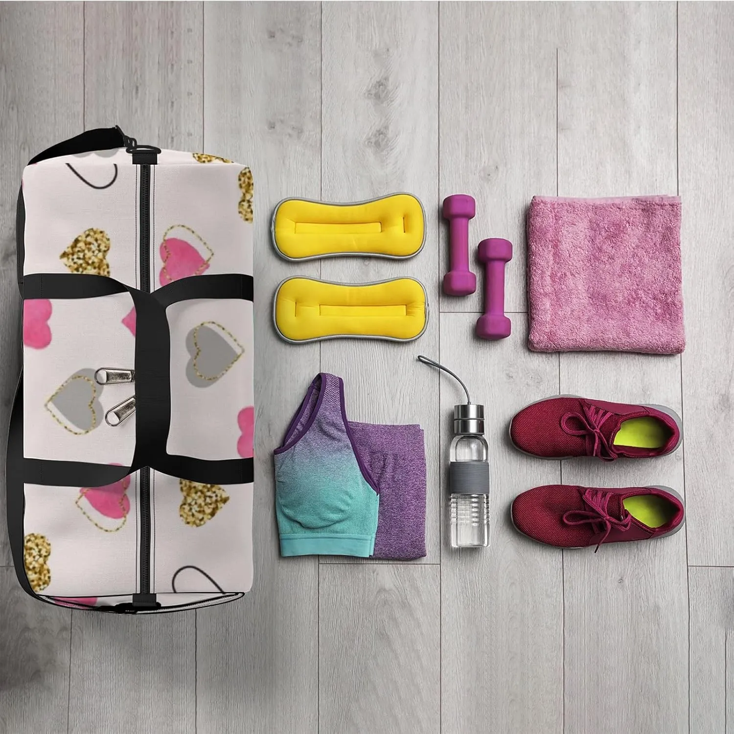 Sports Gym Bag for Women and Men Waterproof Gold Watercolor Pink Hearts Doodle Style Duffel Bag Lightweight Carryon Traveling Boarding Gripsack
