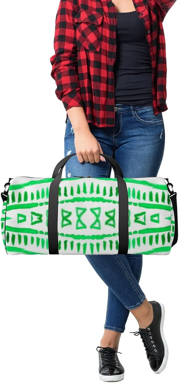 Sports Gym Bag for Women and Men Waterproof Hand Drawn Boho Pattern Green Duffel Bag Lightweight Carryon Traveling Boarding Gripsack