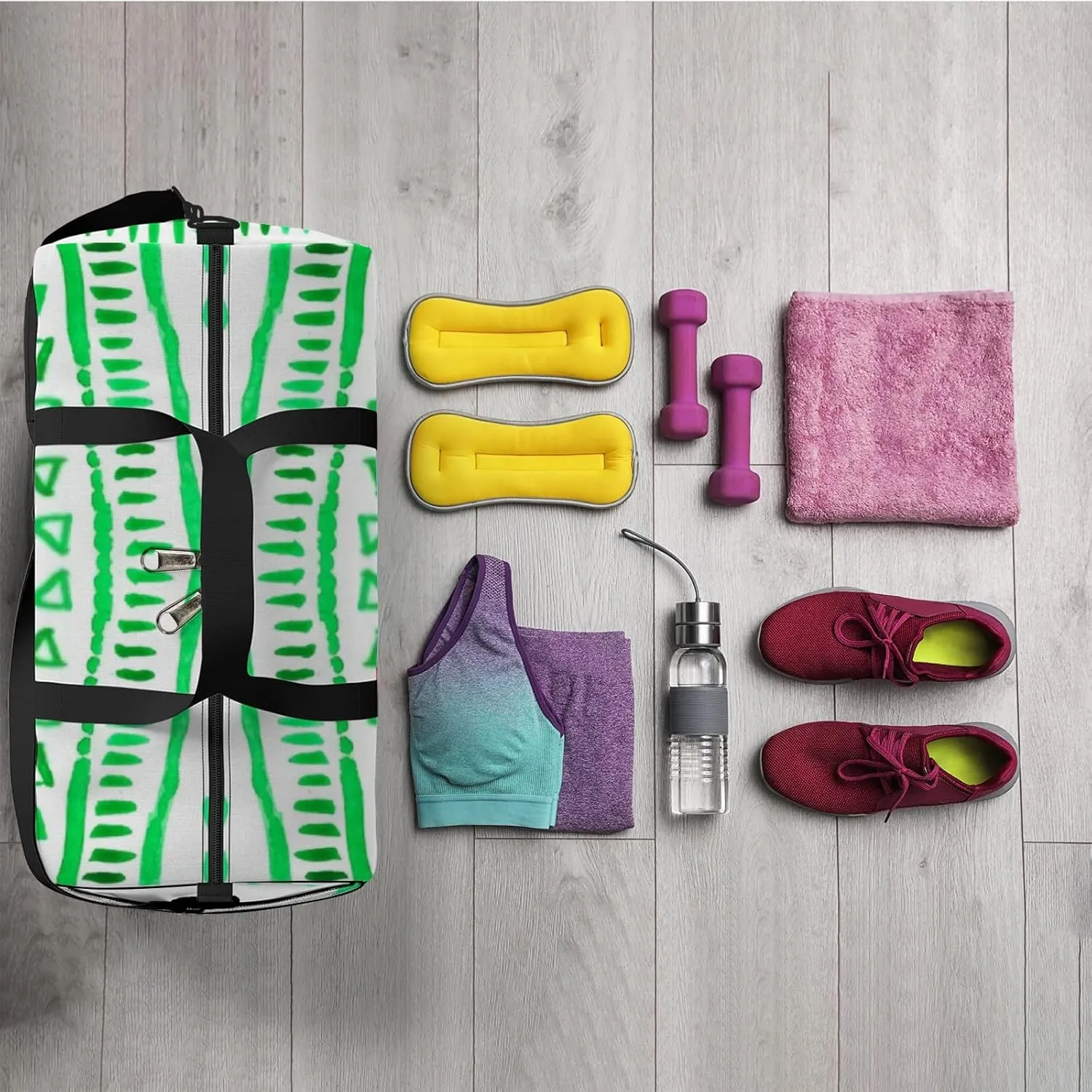 Sports Gym Bag for Women and Men Waterproof Hand Drawn Boho Pattern Green Duffel Bag Lightweight Carryon Traveling Boarding Gripsack