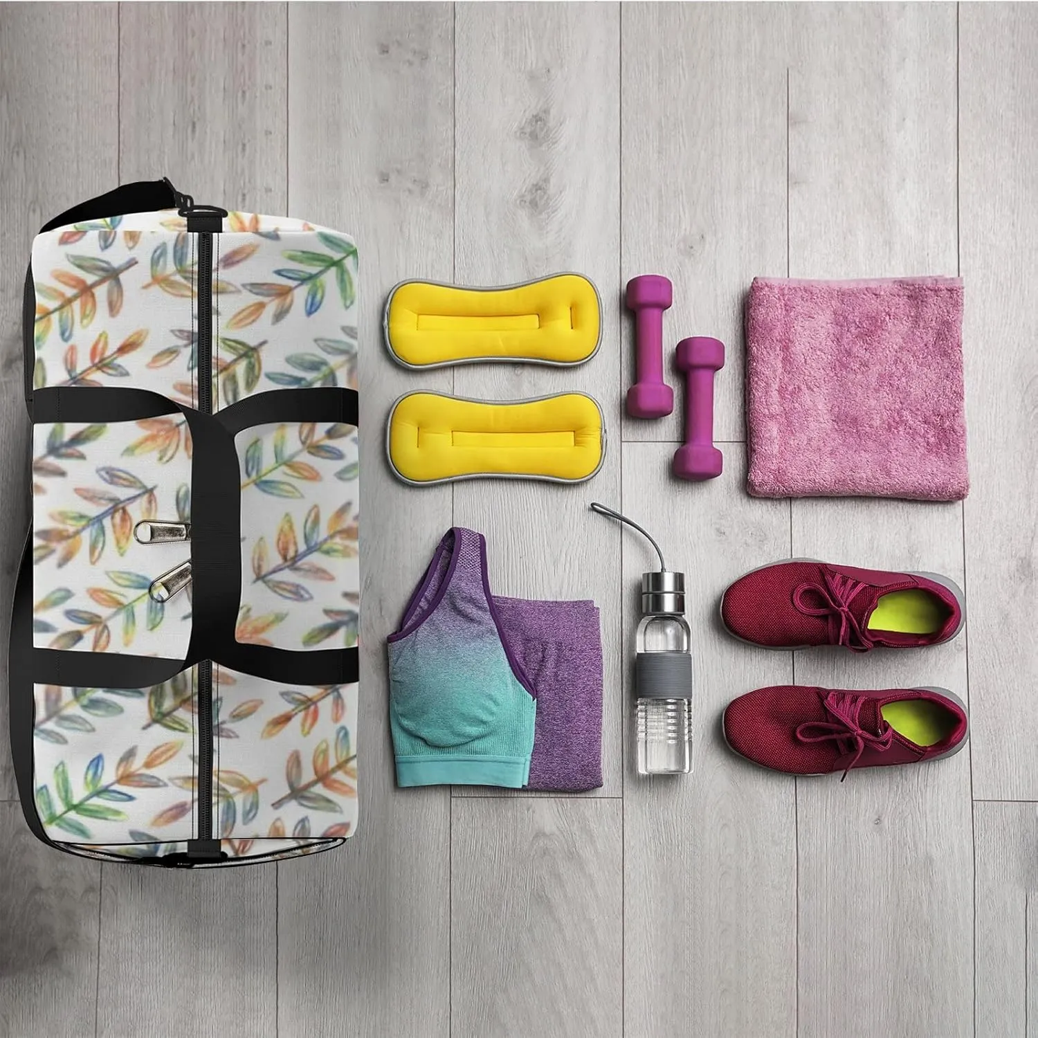 Sports Gym Bag for Women and Men Waterproof Hand Drawn Branches Duffel Bag Lightweight Carryon Traveling Boarding Gripsack