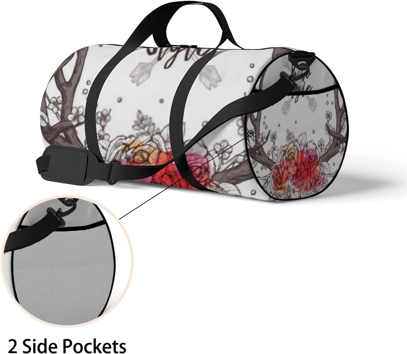Sports Gym Bag for Women and Men Waterproof Hand Drawn Deer Horns Boho Sketch Style Duffel Bag Lightweight Carryon Traveling Boarding Gripsack