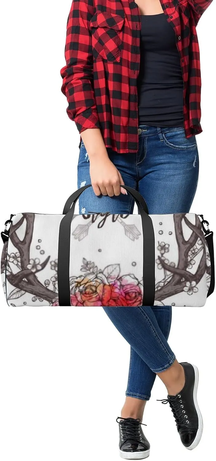 Sports Gym Bag for Women and Men Waterproof Hand Drawn Deer Horns Boho Sketch Style Duffel Bag Lightweight Carryon Traveling Boarding Gripsack