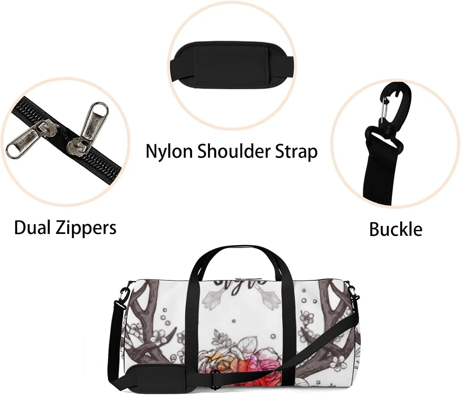 Sports Gym Bag for Women and Men Waterproof Hand Drawn Deer Horns Boho Sketch Style Duffel Bag Lightweight Carryon Traveling Boarding Gripsack