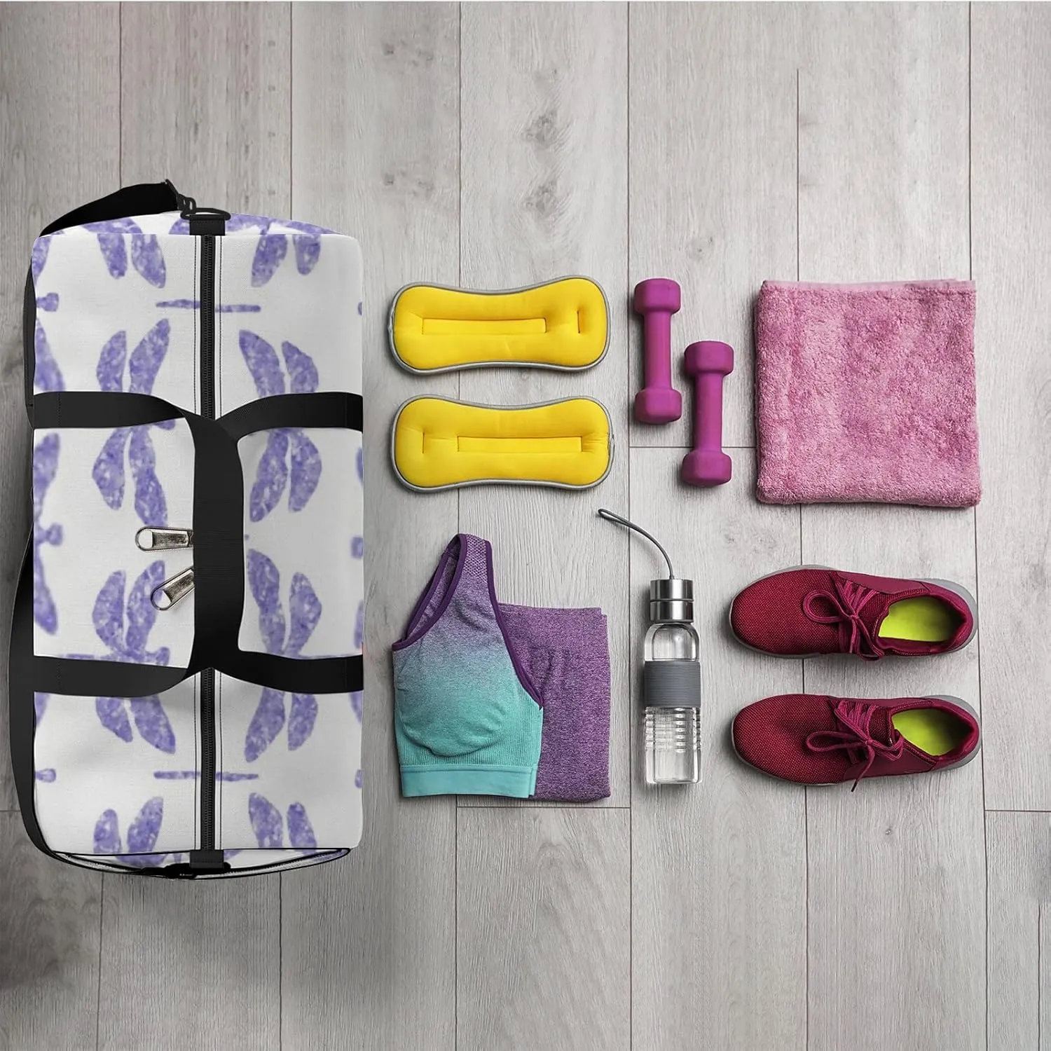 Sports Gym Bag for Women and Men Waterproof Hand Drawn Dragonfly Pattern Purple Duffel Bag Lightweight Carryon Traveling Boarding Gripsack
