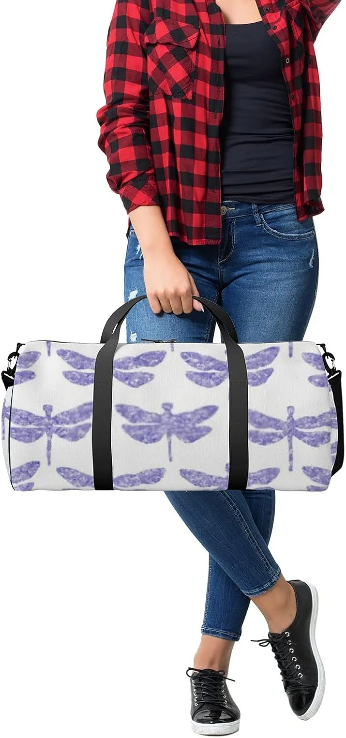 Sports Gym Bag for Women and Men Waterproof Hand Drawn Dragonfly Pattern Purple Duffel Bag Lightweight Carryon Traveling Boarding Gripsack