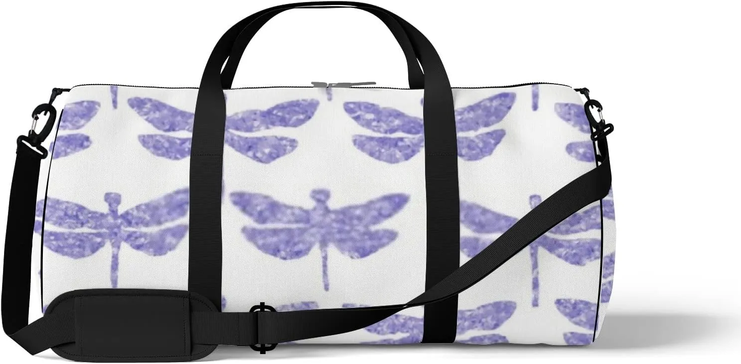Sports Gym Bag for Women and Men Waterproof Hand Drawn Dragonfly Pattern Purple Duffel Bag Lightweight Carryon Traveling Boarding Gripsack