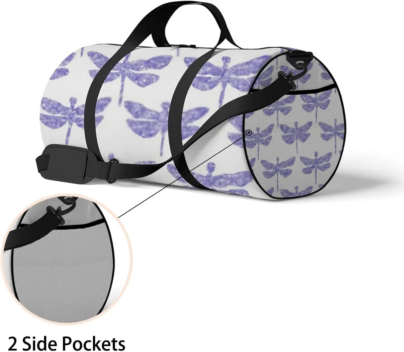 Sports Gym Bag for Women and Men Waterproof Hand Drawn Dragonfly Pattern Purple Duffel Bag Lightweight Carryon Traveling Boarding Gripsack