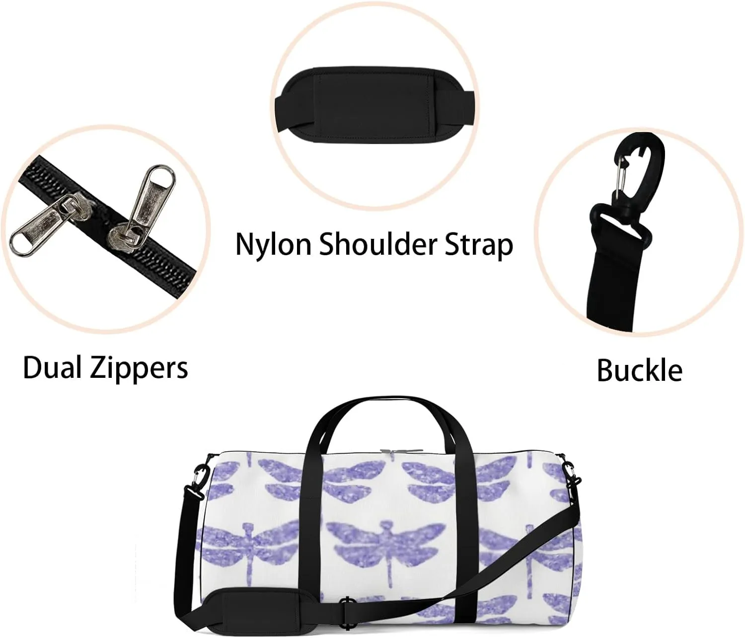 Sports Gym Bag for Women and Men Waterproof Hand Drawn Dragonfly Pattern Purple Duffel Bag Lightweight Carryon Traveling Boarding Gripsack