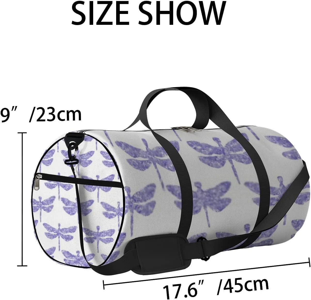Sports Gym Bag for Women and Men Waterproof Hand Drawn Dragonfly Pattern Purple Duffel Bag Lightweight Carryon Traveling Boarding Gripsack
