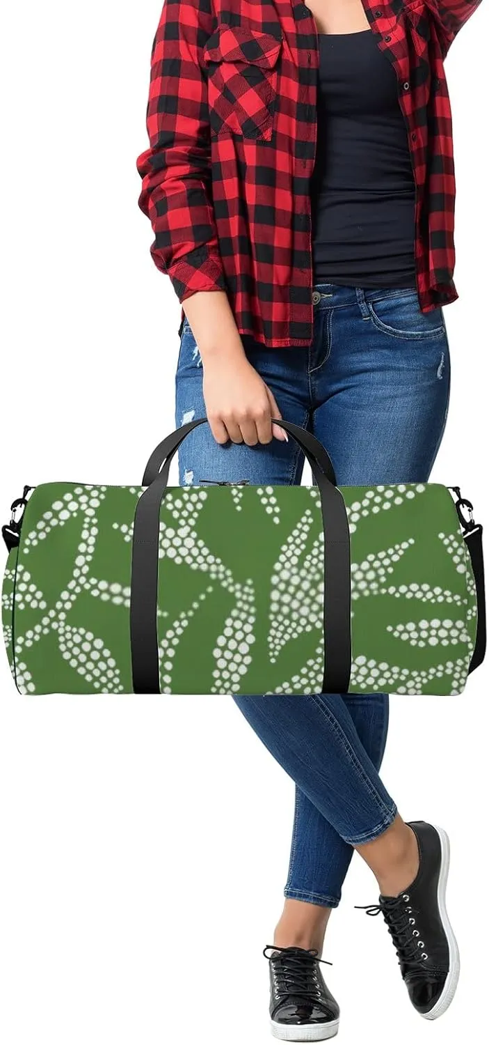 Sports Gym Bag for Women and Men Waterproof Hand Drawn Foliage Dotted Flat Style Green Duffel Bag Lightweight Carryon Traveling Boarding Gripsack
