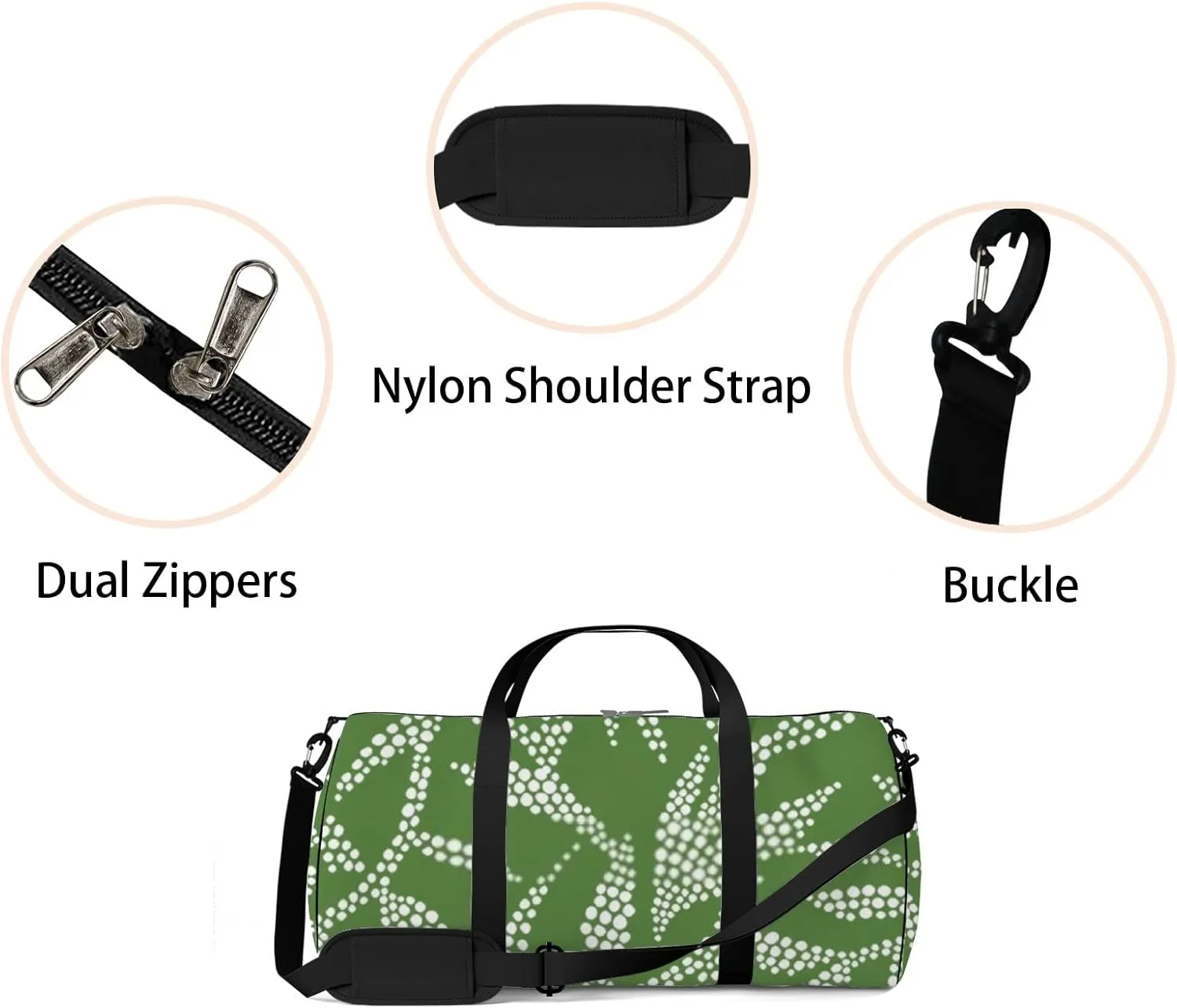 Sports Gym Bag for Women and Men Waterproof Hand Drawn Foliage Dotted Flat Style Green Duffel Bag Lightweight Carryon Traveling Boarding Gripsack