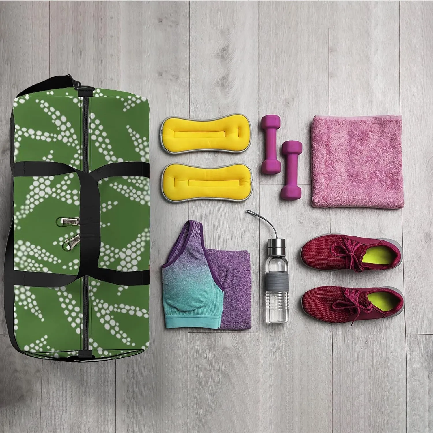 Sports Gym Bag for Women and Men Waterproof Hand Drawn Foliage Dotted Flat Style Green Duffel Bag Lightweight Carryon Traveling Boarding Gripsack
