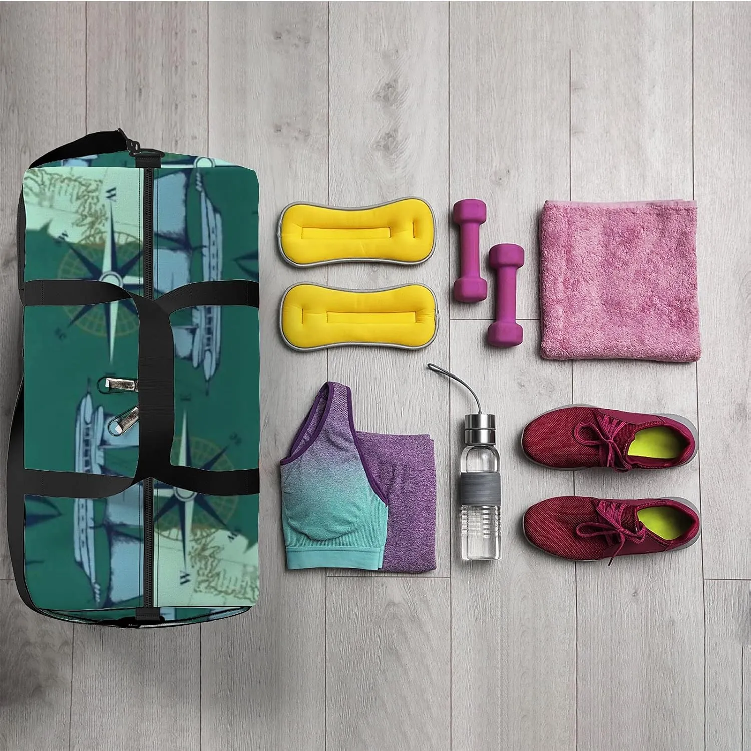 Sports Gym Bag for Women and Men Waterproof Hand Drawn Sea Voyages Pattern Green Duffel Bag Lightweight Carryon Traveling Boarding Gripsack