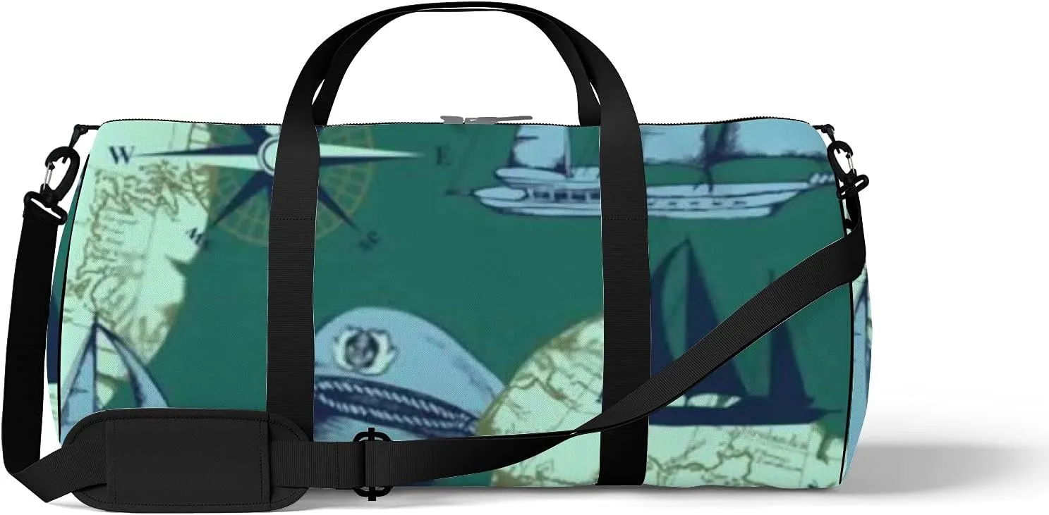 Sports Gym Bag for Women and Men Waterproof Hand Drawn Sea Voyages Pattern Green Duffel Bag Lightweight Carryon Traveling Boarding Gripsack