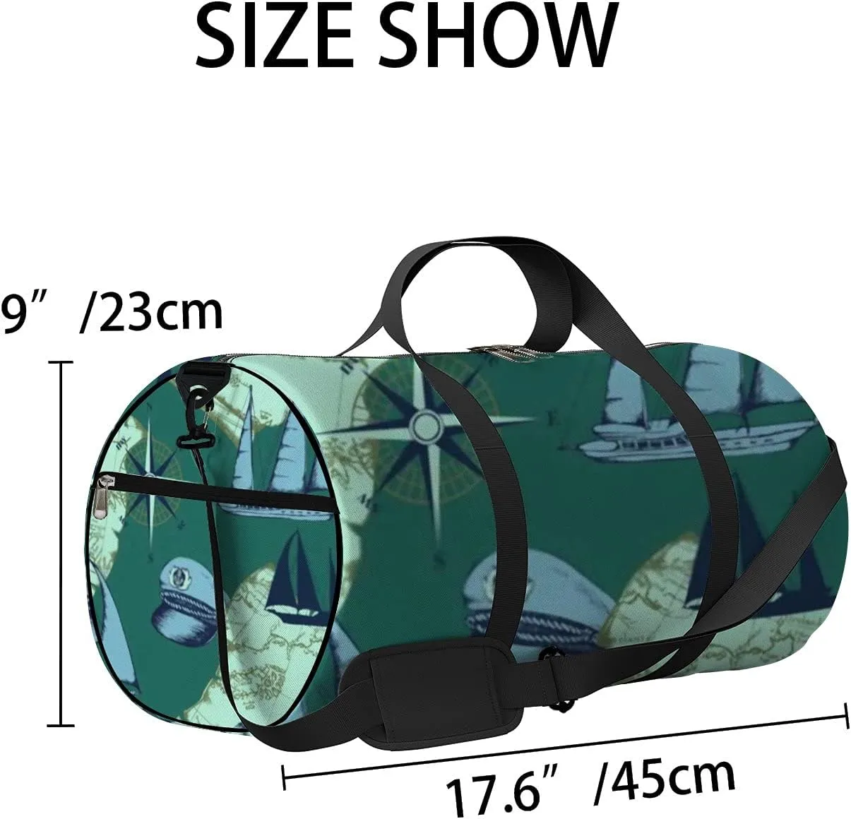 Sports Gym Bag for Women and Men Waterproof Hand Drawn Sea Voyages Pattern Green Duffel Bag Lightweight Carryon Traveling Boarding Gripsack