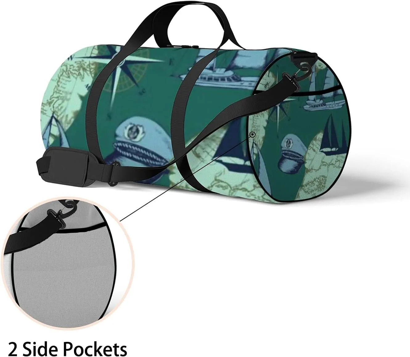 Sports Gym Bag for Women and Men Waterproof Hand Drawn Sea Voyages Pattern Green Duffel Bag Lightweight Carryon Traveling Boarding Gripsack