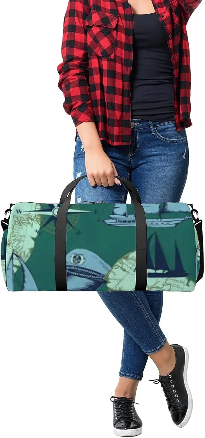 Sports Gym Bag for Women and Men Waterproof Hand Drawn Sea Voyages Pattern Green Duffel Bag Lightweight Carryon Traveling Boarding Gripsack