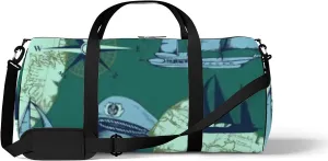 Sports Gym Bag for Women and Men Waterproof Hand Drawn Sea Voyages Pattern Green Duffel Bag Lightweight Carryon Traveling Boarding Gripsack
