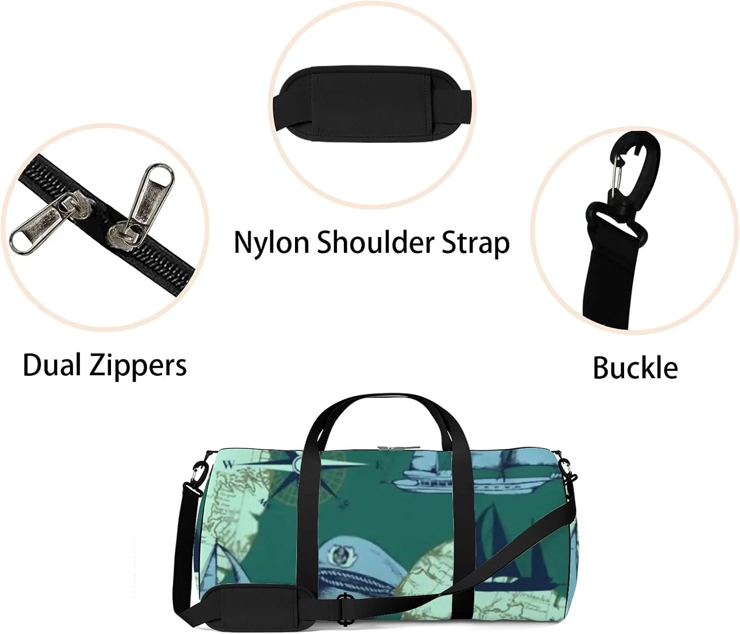 Sports Gym Bag for Women and Men Waterproof Hand Drawn Sea Voyages Pattern Green Duffel Bag Lightweight Carryon Traveling Boarding Gripsack