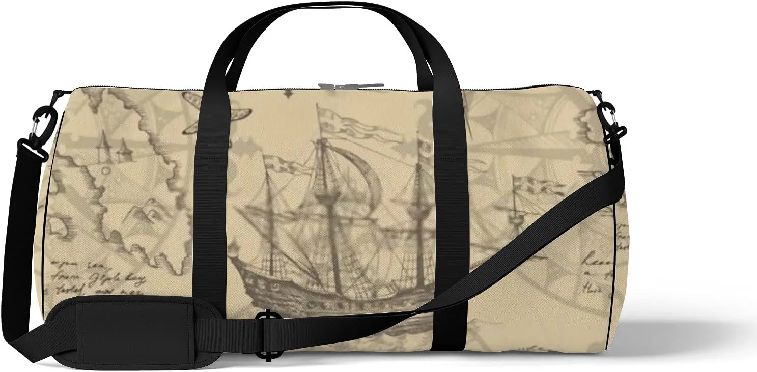 Sports Gym Bag for Women and Men Waterproof Hand Drawn Sketch Geographical Maps of Sea Duffel Bag Lightweight Carryon Traveling Boarding Gripsack