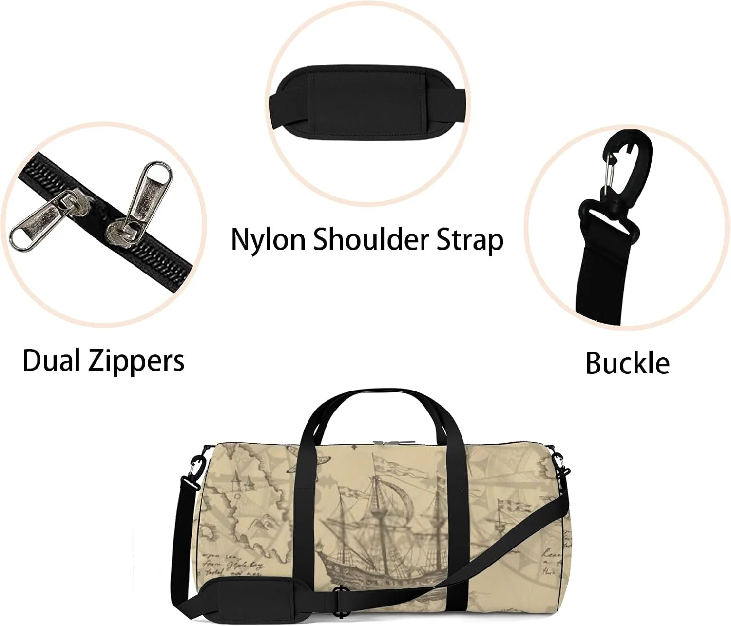 Sports Gym Bag for Women and Men Waterproof Hand Drawn Sketch Geographical Maps of Sea Duffel Bag Lightweight Carryon Traveling Boarding Gripsack