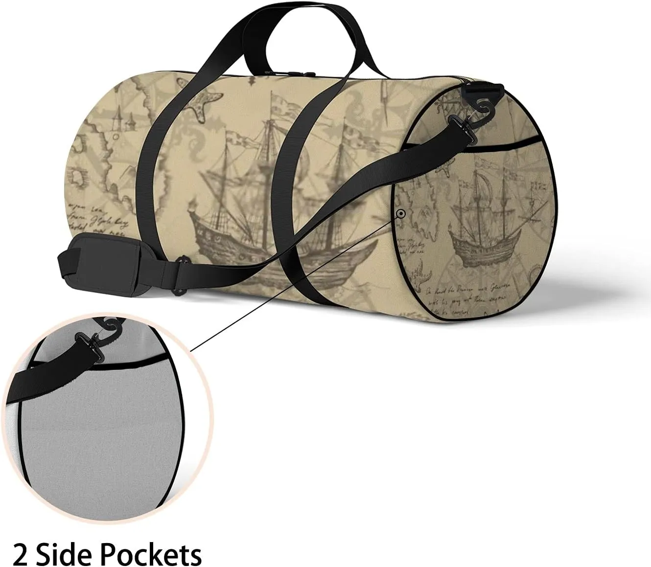Sports Gym Bag for Women and Men Waterproof Hand Drawn Sketch Geographical Maps of Sea Duffel Bag Lightweight Carryon Traveling Boarding Gripsack