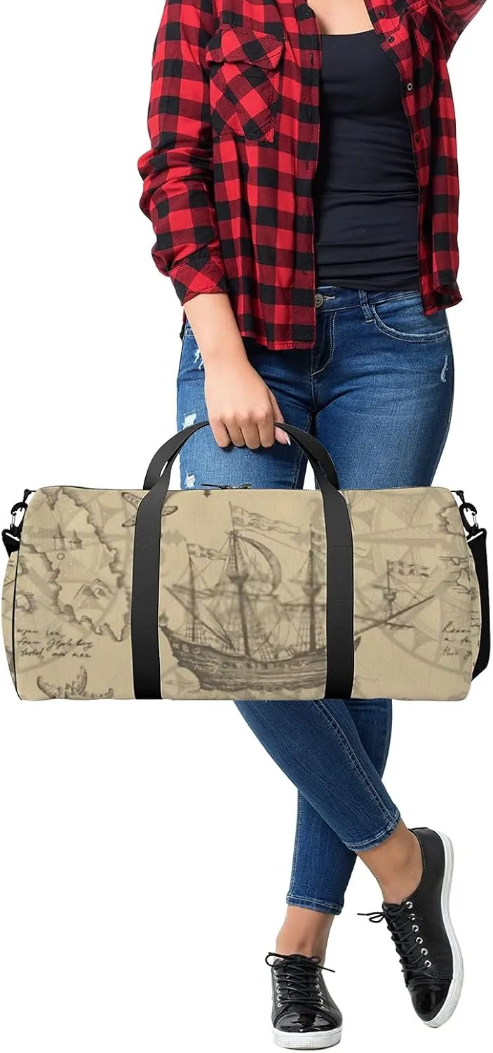 Sports Gym Bag for Women and Men Waterproof Hand Drawn Sketch Geographical Maps of Sea Duffel Bag Lightweight Carryon Traveling Boarding Gripsack