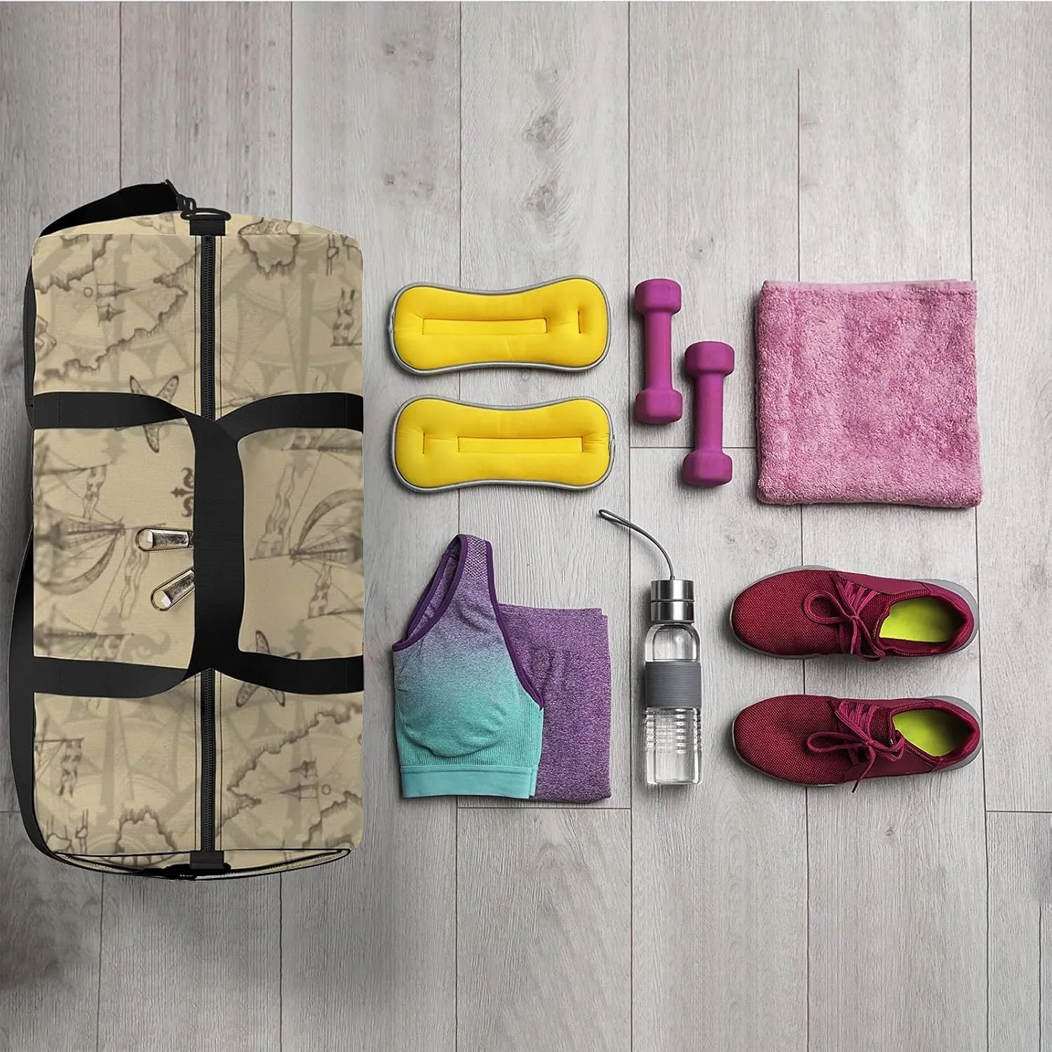Sports Gym Bag for Women and Men Waterproof Hand Drawn Sketch Geographical Maps of Sea Duffel Bag Lightweight Carryon Traveling Boarding Gripsack
