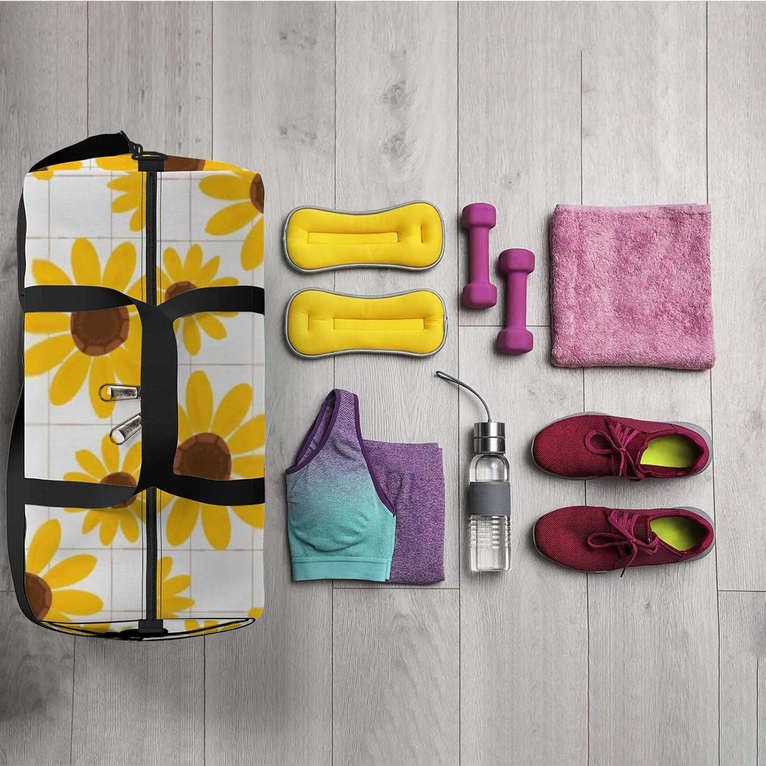 Sports Gym Bag for Women and Men Waterproof Hand Drawn Sunflower Yellow Duffel Bag Lightweight Carryon Traveling Boarding Gripsack