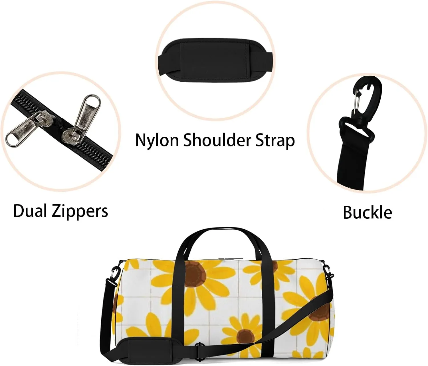 Sports Gym Bag for Women and Men Waterproof Hand Drawn Sunflower Yellow Duffel Bag Lightweight Carryon Traveling Boarding Gripsack