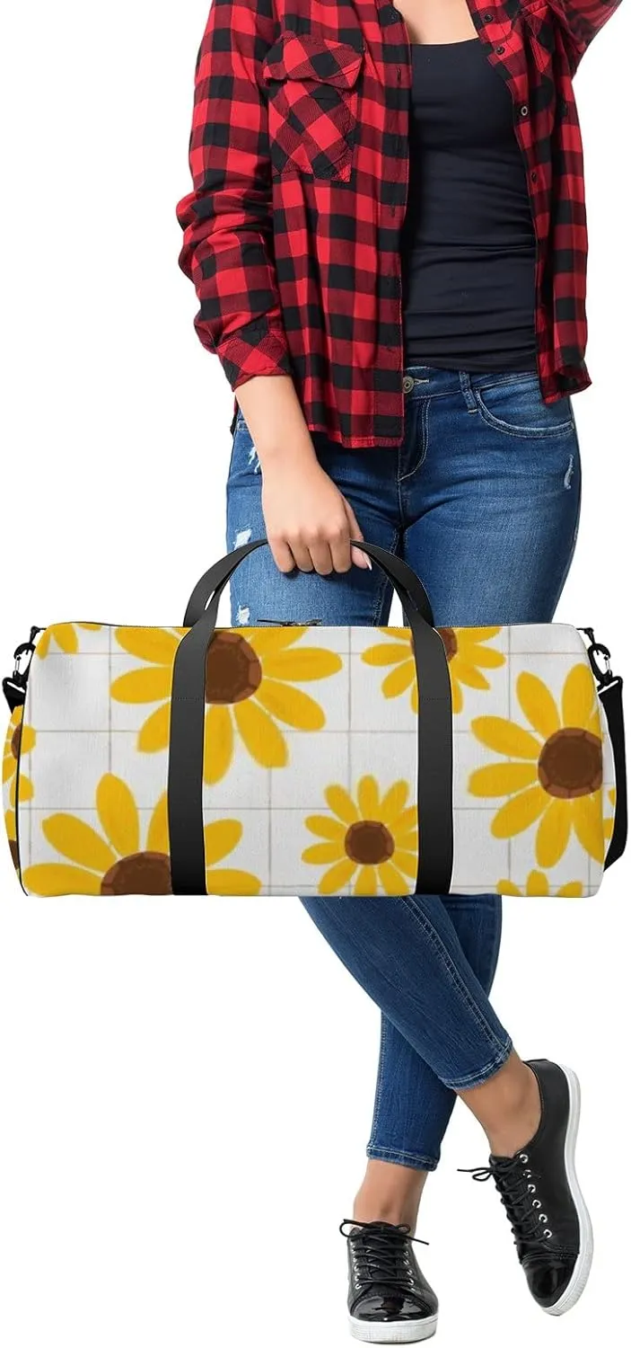 Sports Gym Bag for Women and Men Waterproof Hand Drawn Sunflower Yellow Duffel Bag Lightweight Carryon Traveling Boarding Gripsack