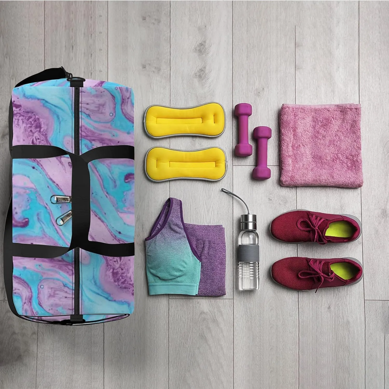 Sports Gym Bag for Women and Men Waterproof Hand Painted Abstract Pattern Blue Purple Duffel Bag Lightweight Carryon Traveling Boarding Gripsack