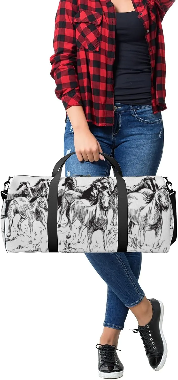 Sports Gym Bag for Women and Men Waterproof Hand Sketch Horses Black Duffel Bag Lightweight Carryon Traveling Boarding Gripsack