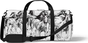 Sports Gym Bag for Women and Men Waterproof Hand Sketch Horses Black Duffel Bag Lightweight Carryon Traveling Boarding Gripsack