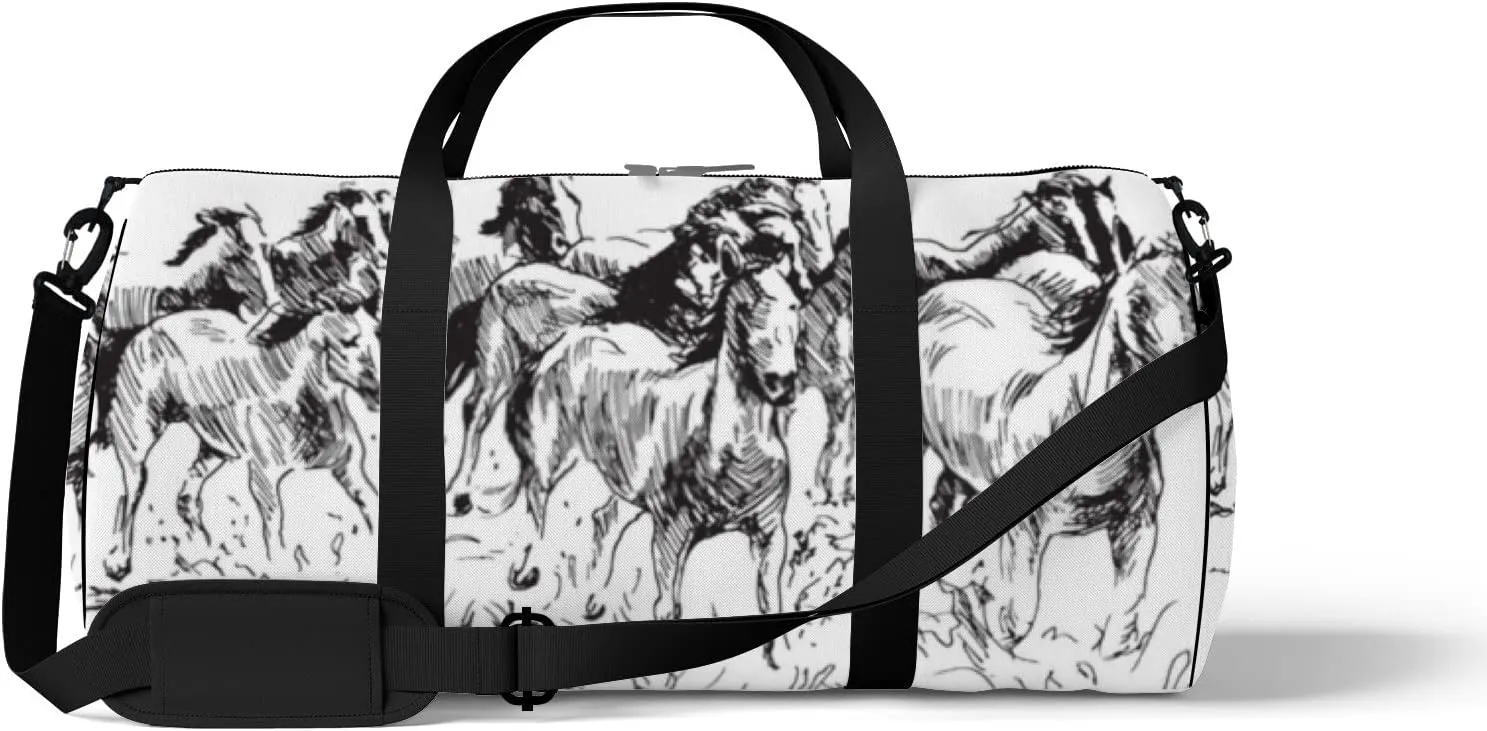 Sports Gym Bag for Women and Men Waterproof Hand Sketch Horses Black Duffel Bag Lightweight Carryon Traveling Boarding Gripsack