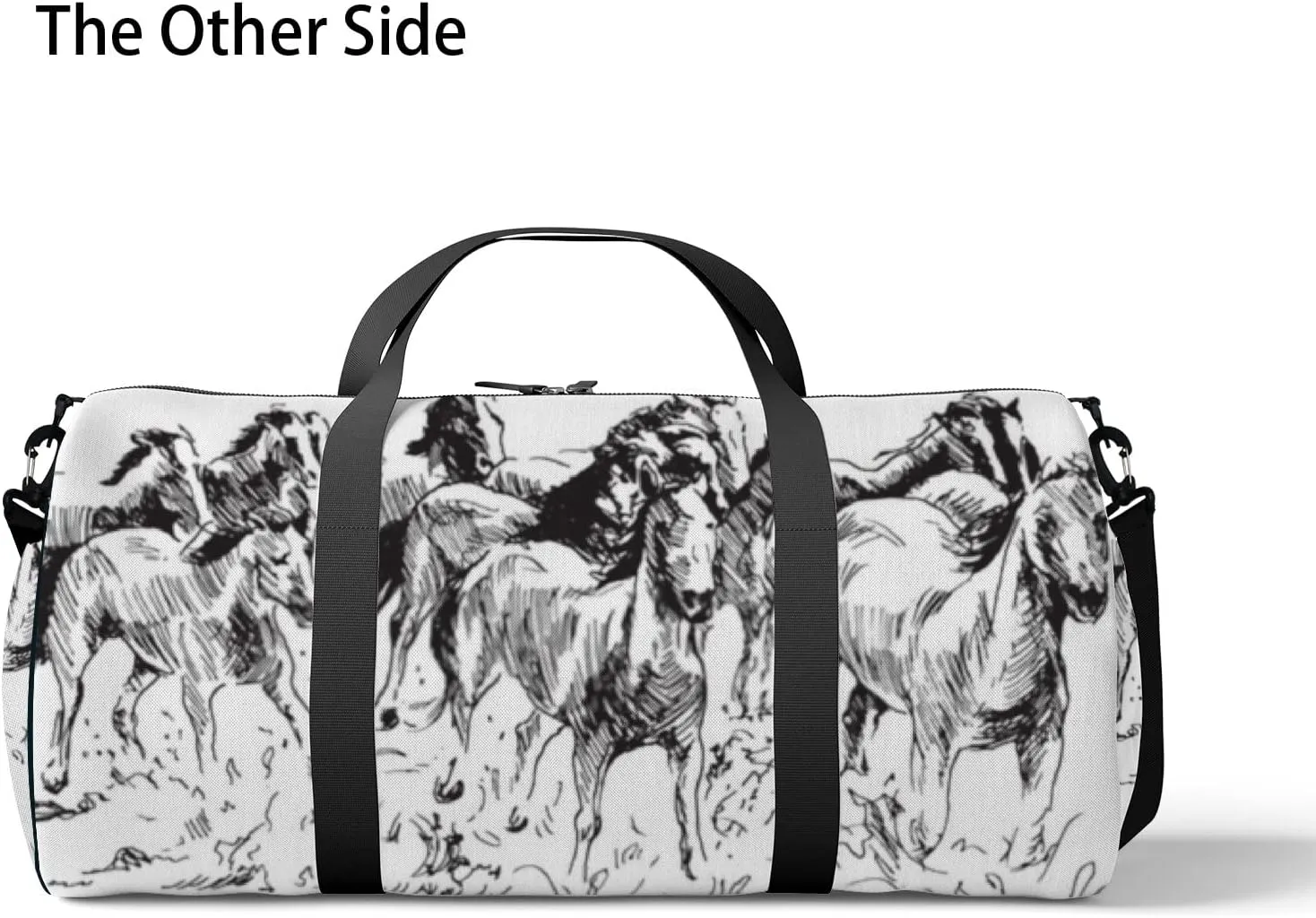Sports Gym Bag for Women and Men Waterproof Hand Sketch Horses Black Duffel Bag Lightweight Carryon Traveling Boarding Gripsack