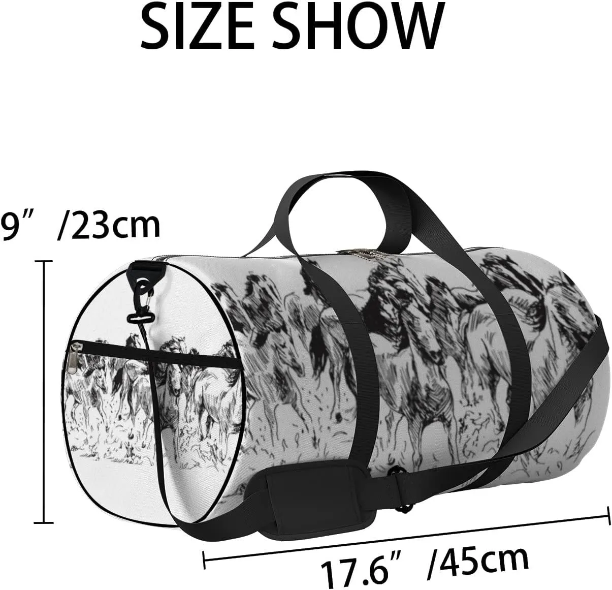 Sports Gym Bag for Women and Men Waterproof Hand Sketch Horses Black Duffel Bag Lightweight Carryon Traveling Boarding Gripsack