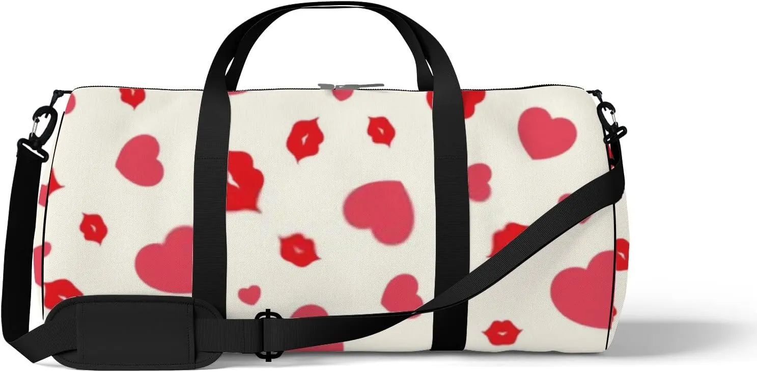 Sports Gym Bag for Women and Men Waterproof Hearts Lips Pattern Red Duffel Bag Lightweight Carryon Traveling Boarding Gripsack