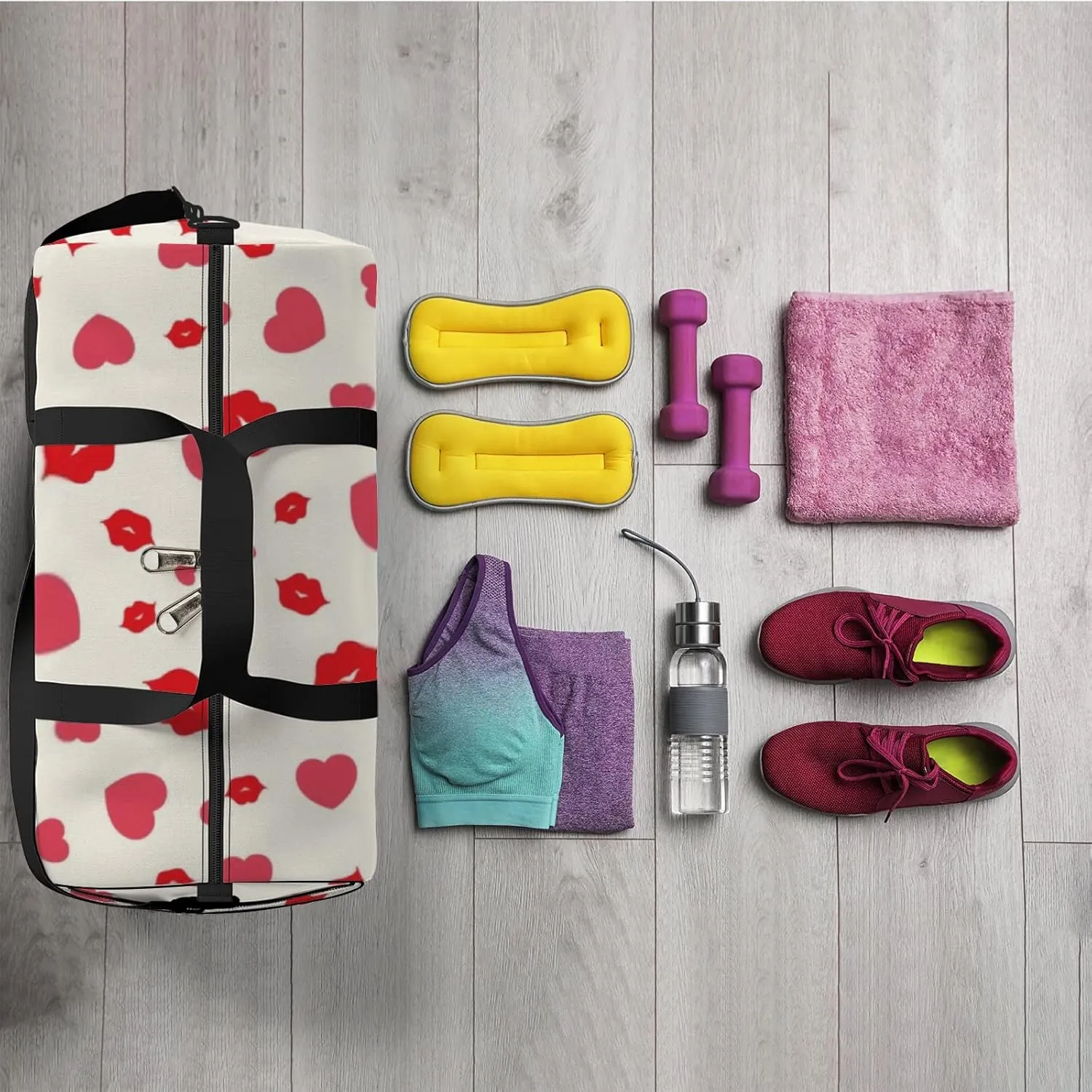 Sports Gym Bag for Women and Men Waterproof Hearts Lips Pattern Red Duffel Bag Lightweight Carryon Traveling Boarding Gripsack