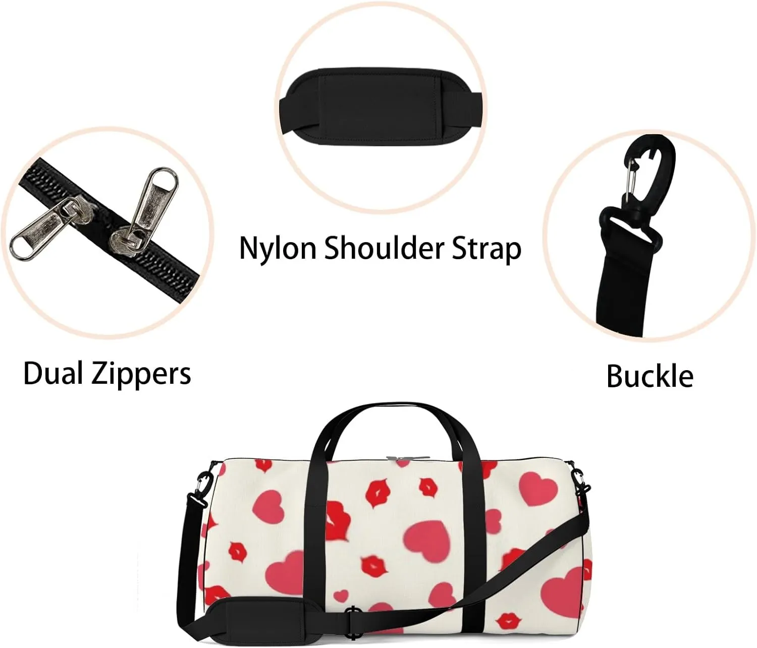 Sports Gym Bag for Women and Men Waterproof Hearts Lips Pattern Red Duffel Bag Lightweight Carryon Traveling Boarding Gripsack