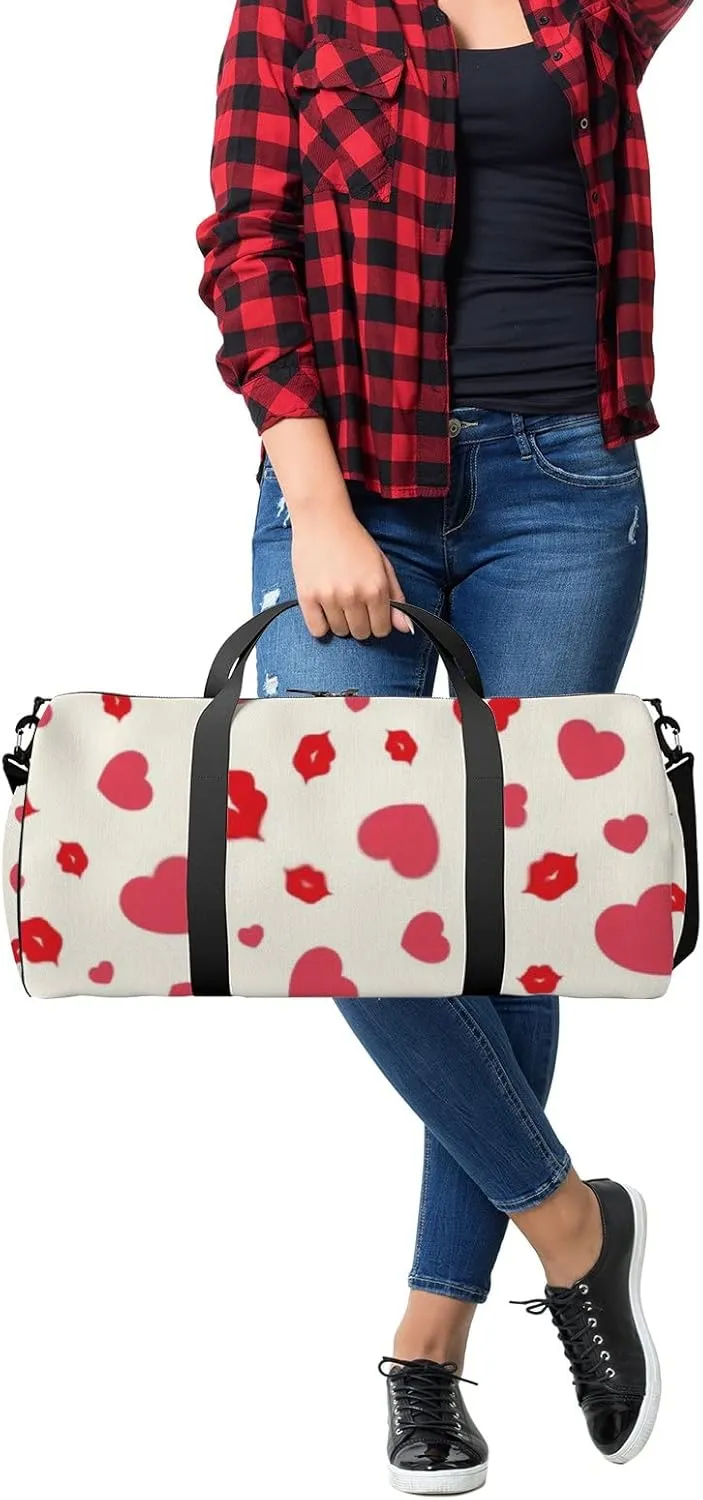 Sports Gym Bag for Women and Men Waterproof Hearts Lips Pattern Red Duffel Bag Lightweight Carryon Traveling Boarding Gripsack