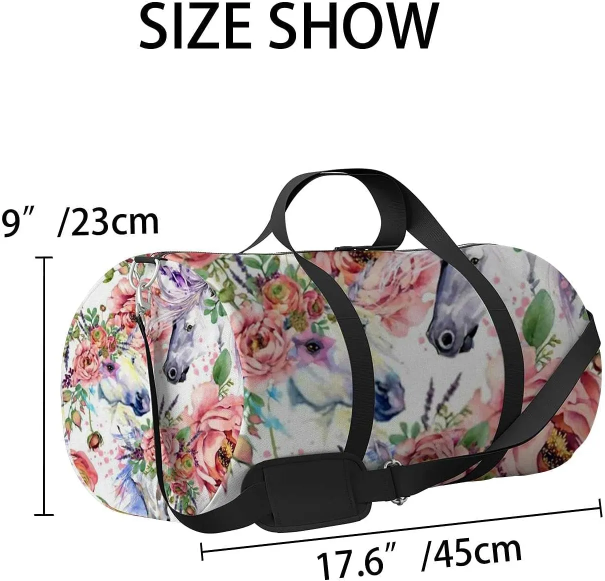 Sports Gym Bag for Women and Men Waterproof Horse with Roses Flowers Duffel Bag Lightweight Carryon Traveling Boarding Gripsack