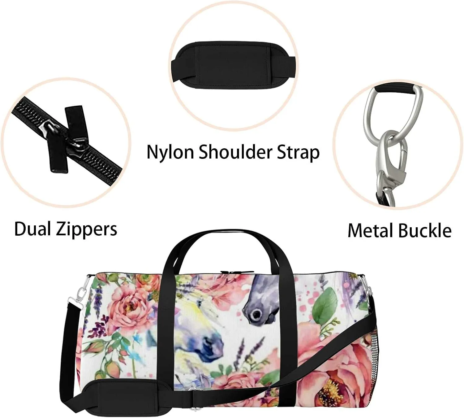 Sports Gym Bag for Women and Men Waterproof Horse with Roses Flowers Duffel Bag Lightweight Carryon Traveling Boarding Gripsack