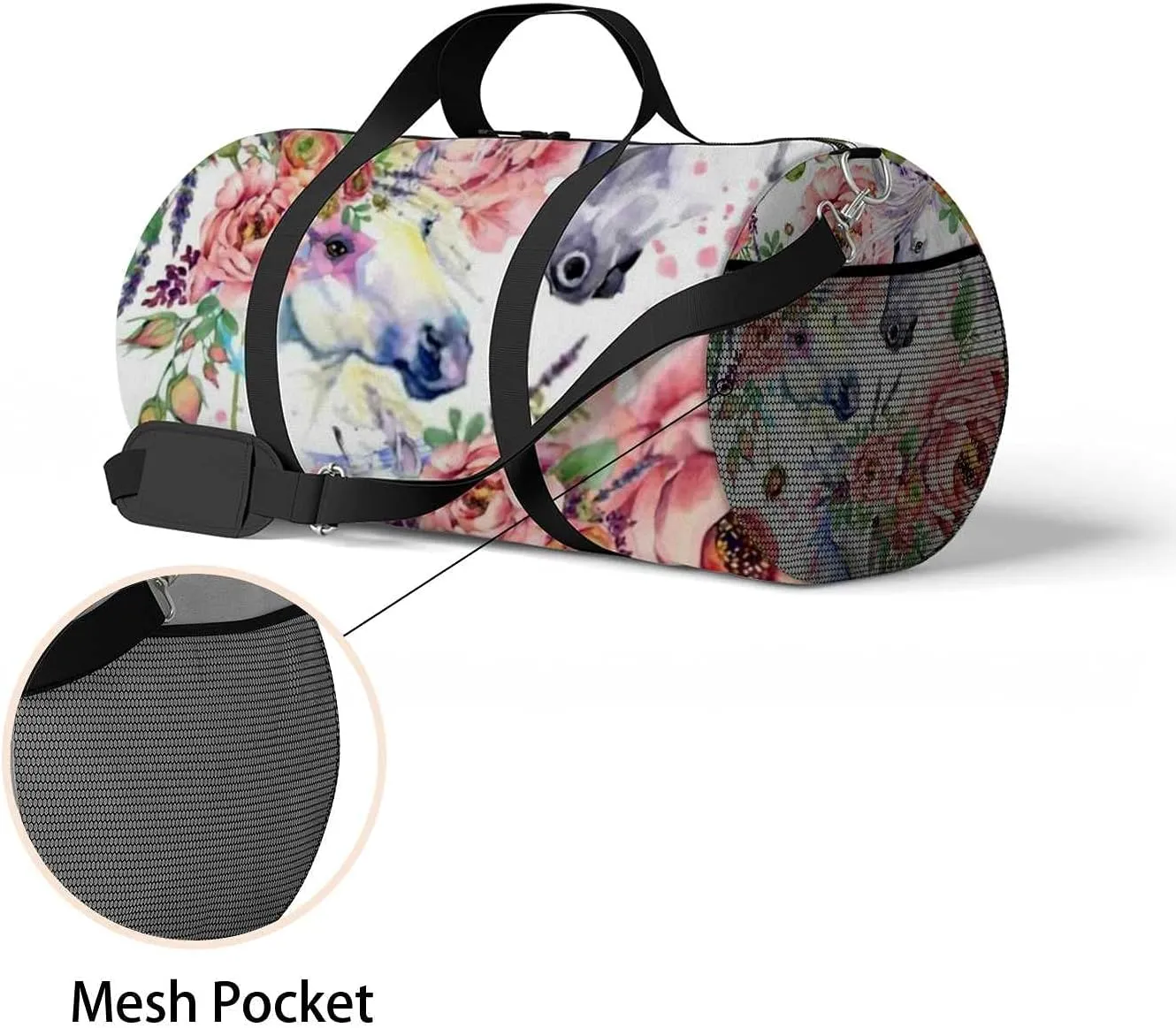 Sports Gym Bag for Women and Men Waterproof Horse with Roses Flowers Duffel Bag Lightweight Carryon Traveling Boarding Gripsack